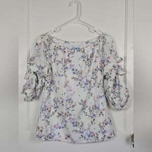 CeCe Eyelet Floral Ruffle Blouse Size S